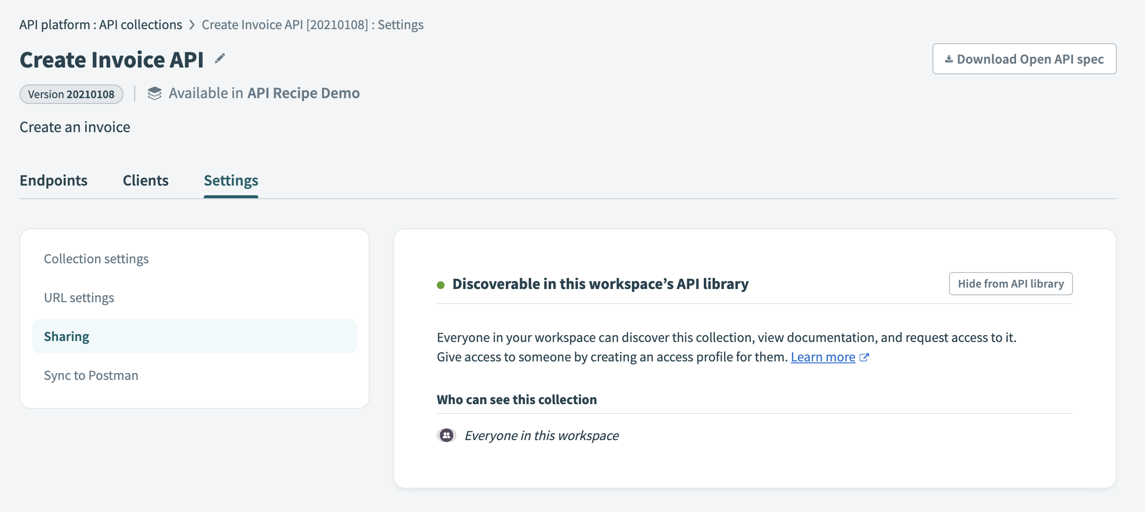 API collection is discoverable in the API library