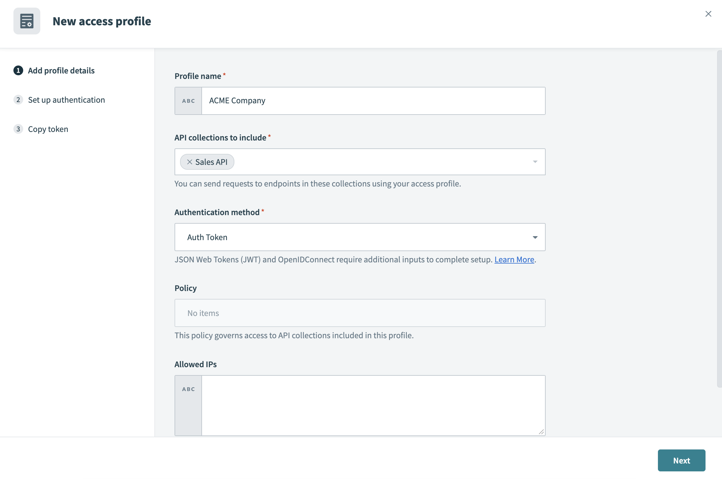 Configure new access profile settings