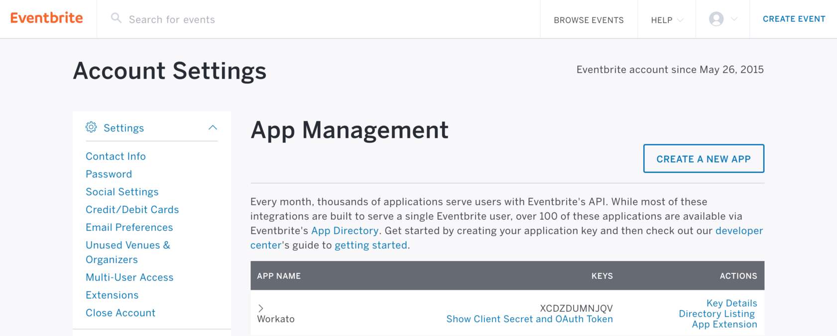 Eventbrite の [App Management] 画面