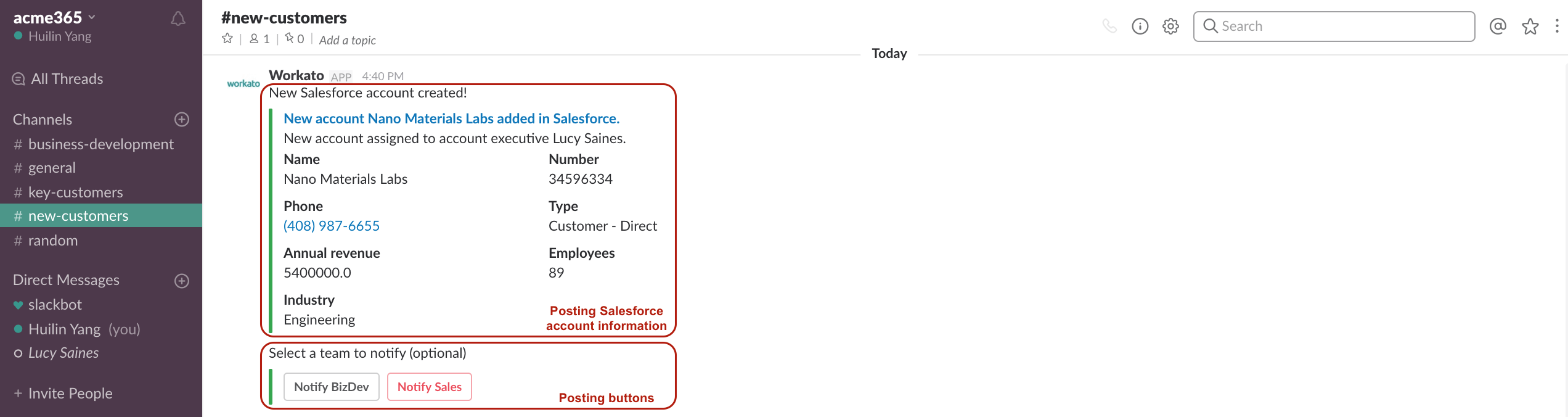 別々のアクションを通じて投稿された Salesforce アカウントの情報とボタン