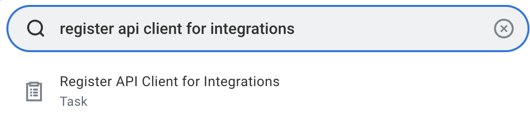 Select the Register API client for integrations task