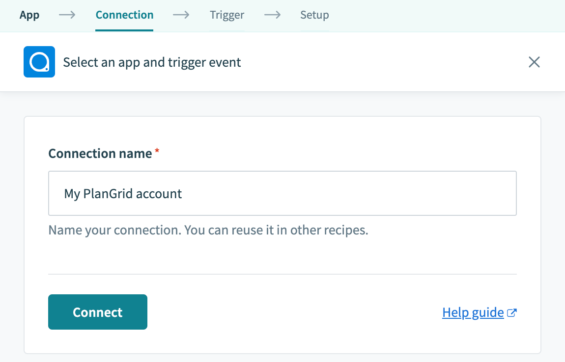PlanGrid connection page on Workato