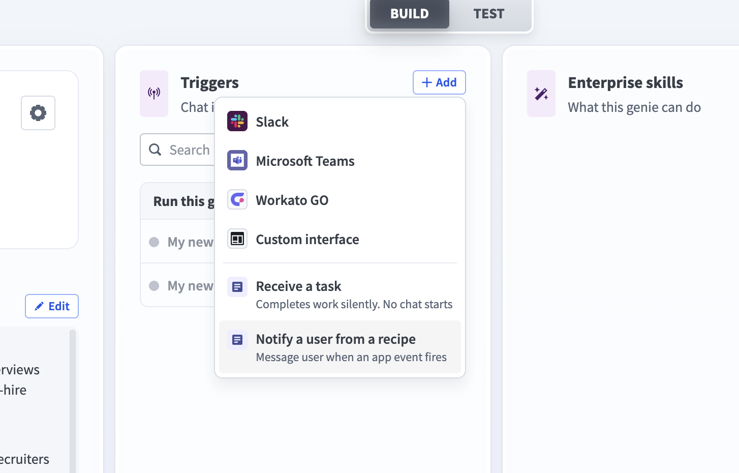 Menu for adding a trigger to a genie, with Notify a user from a recipe selected.