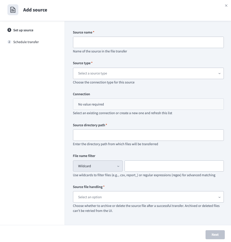 The Add source setup wizard