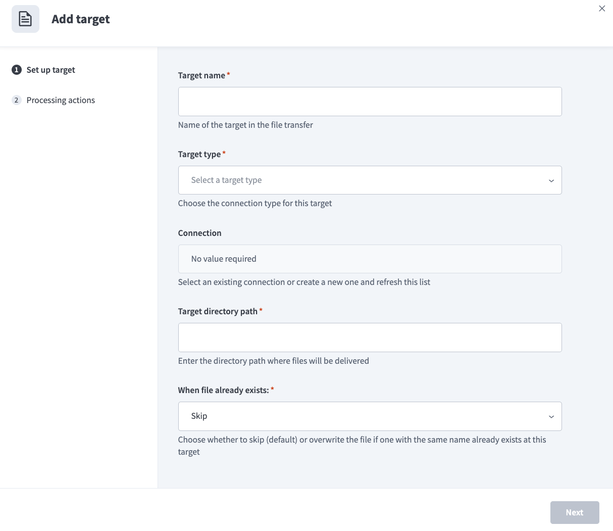 The Add target setup wizard