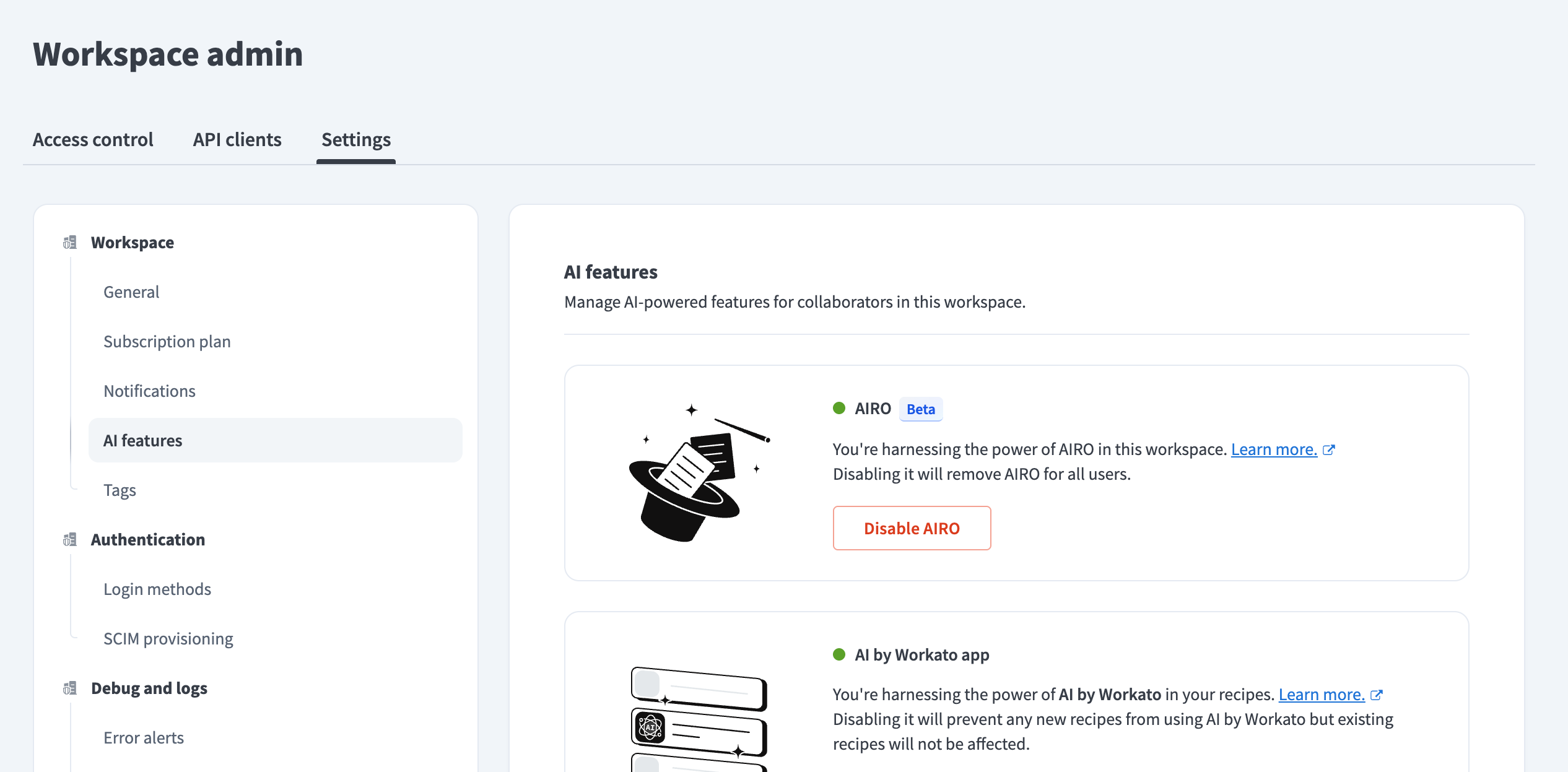 AIRO enabled in workspace settings