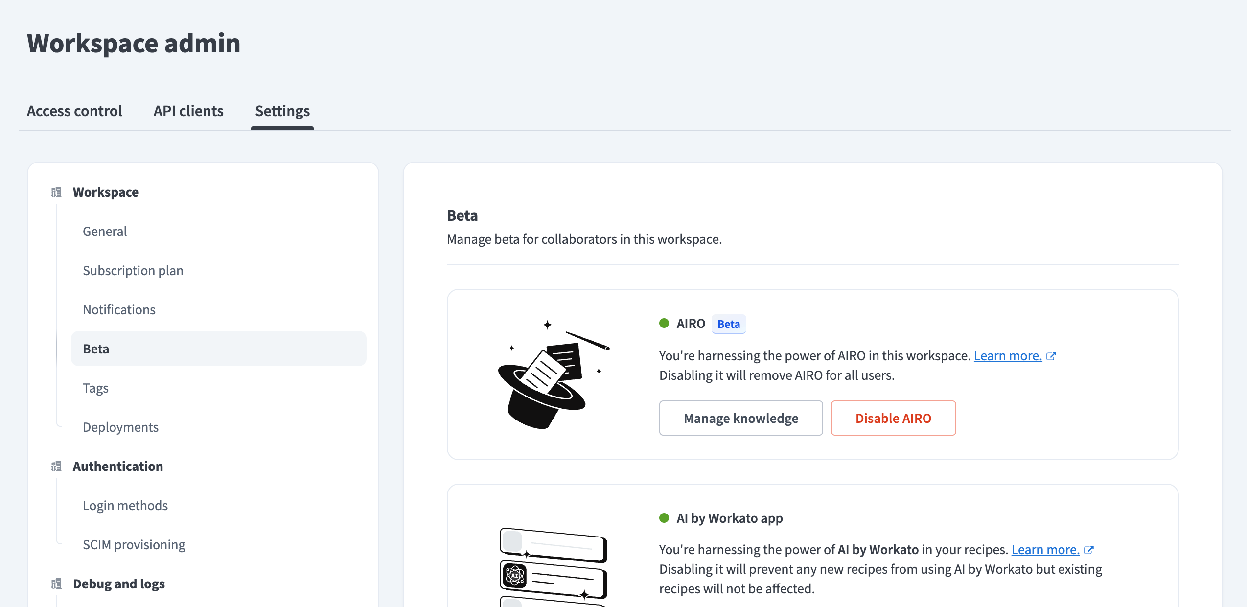 AIRO enabled in workspace settings