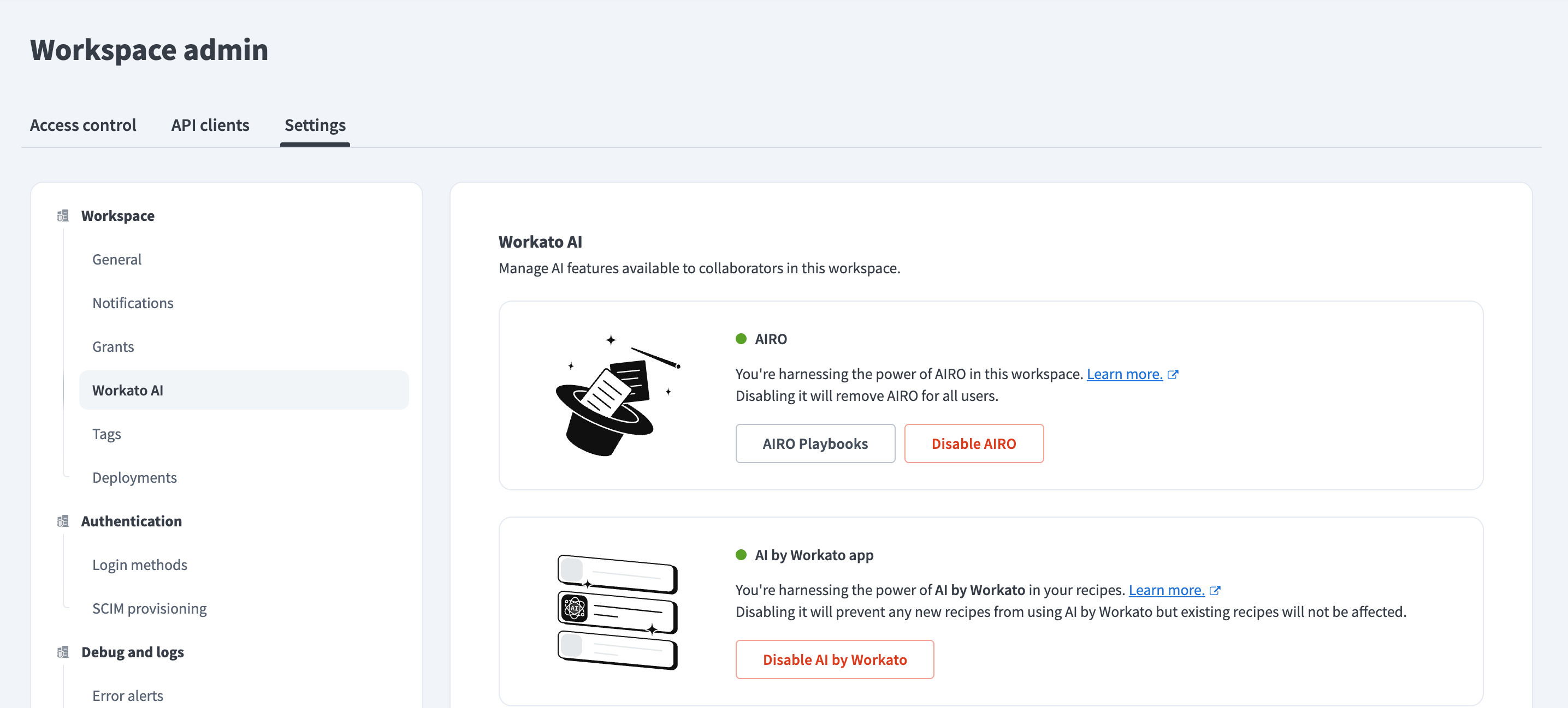AIRO enabled in workspace settings
