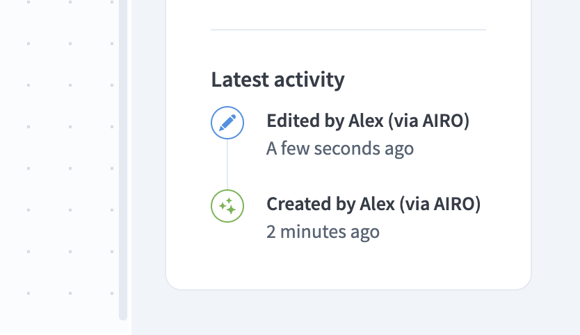 The recipe's Latest activity panel showing an edit and create both labeled via AIRO.