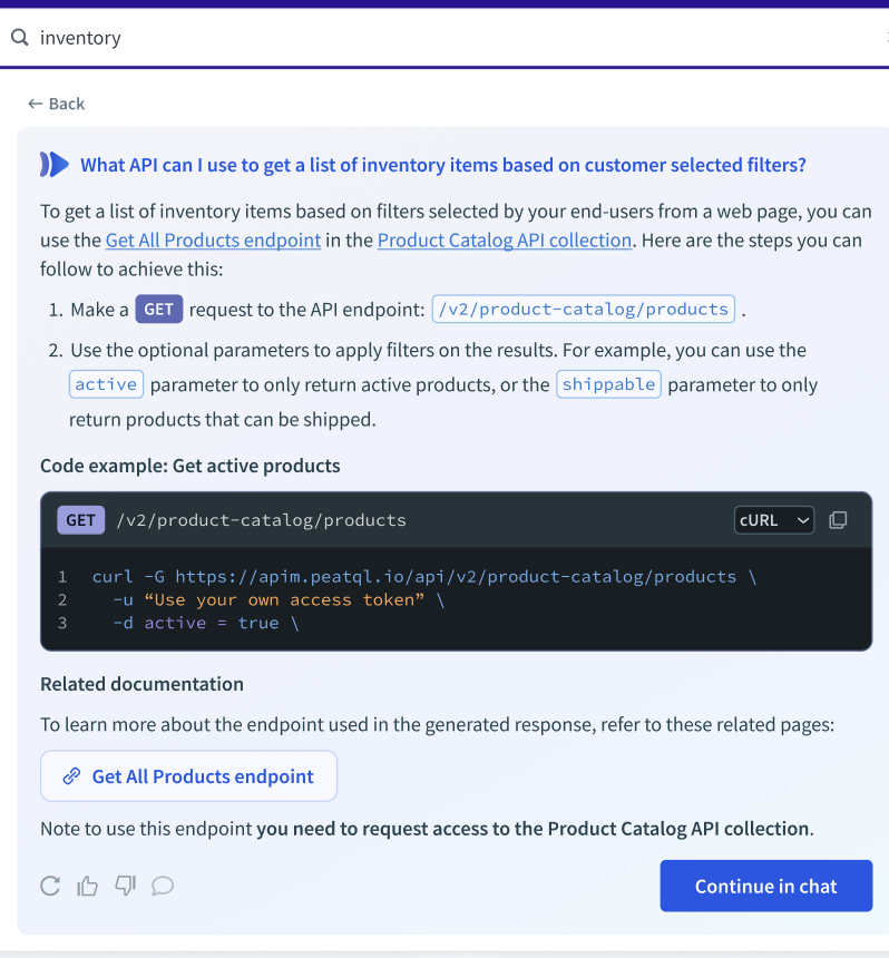 AIRO responds with a code example and related documentation