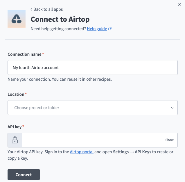 Create an Airtop connection in Workato.