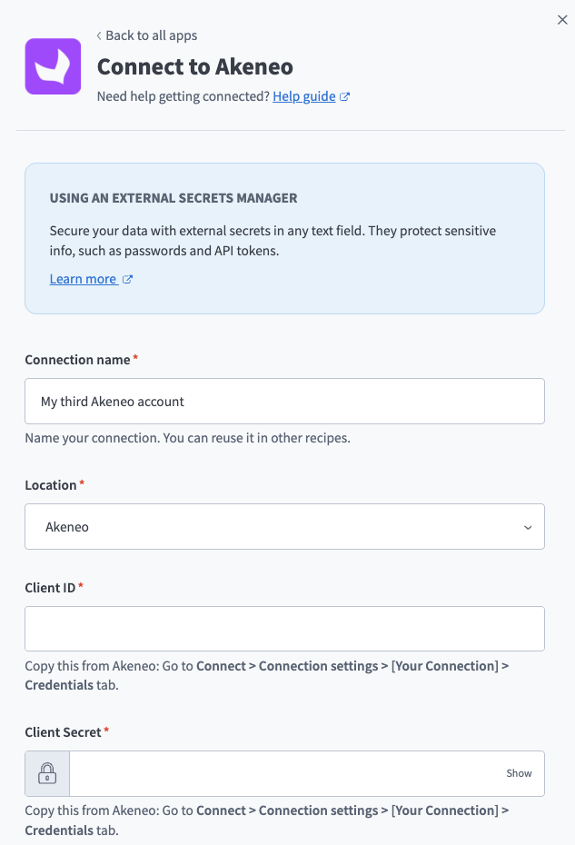 Create an Akeneo connection in Workato.