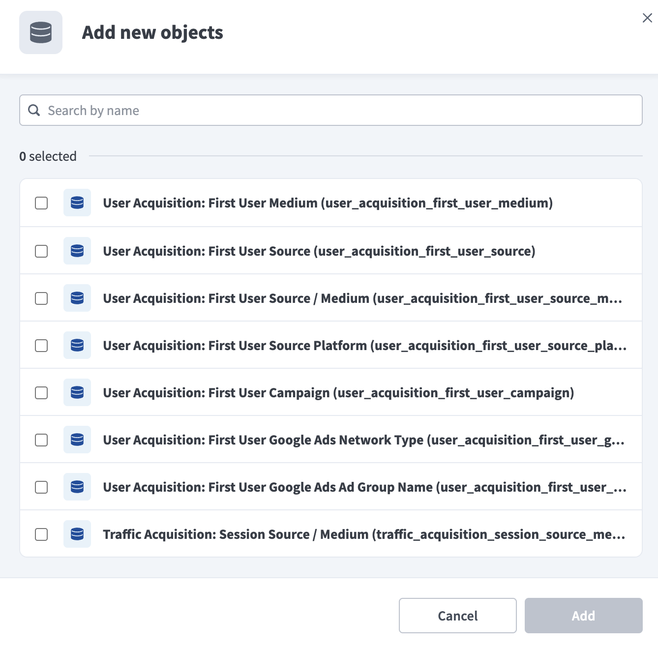 Select Google Analytics objects