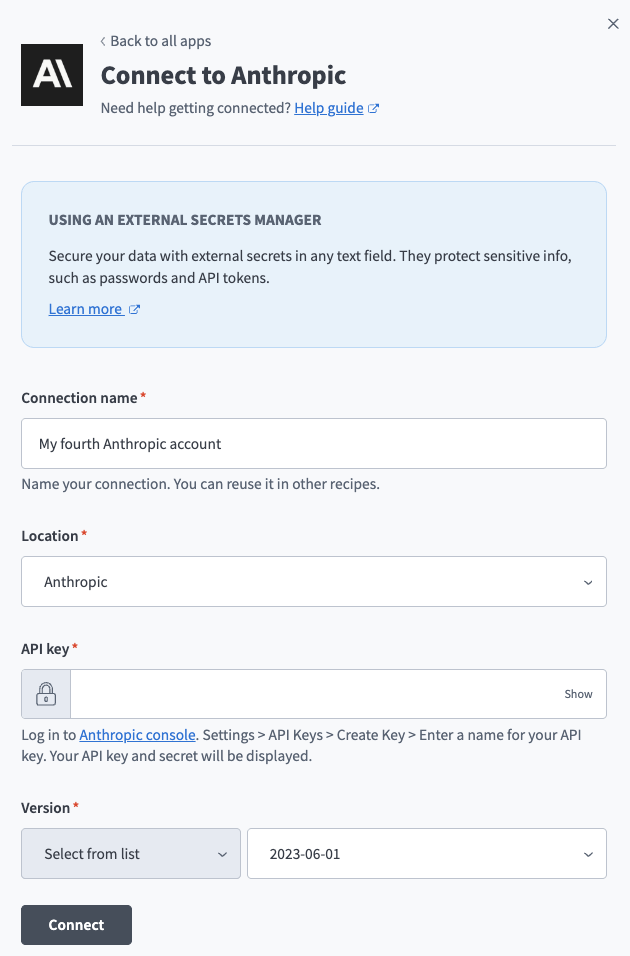 Create an Anthropic connection in Workato