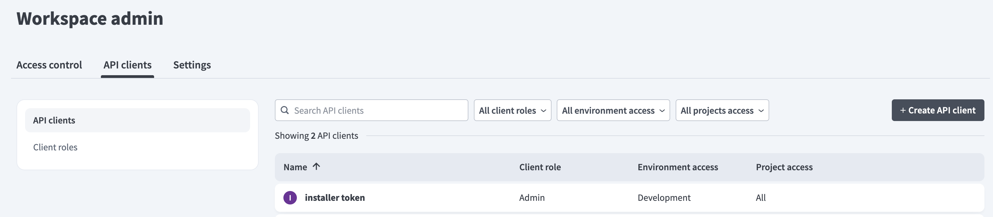 API client creation showing the generated token