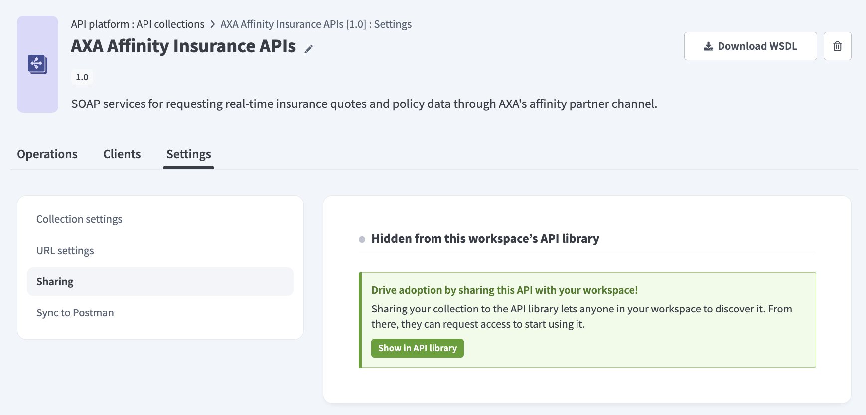 API collection is hidden from the API library