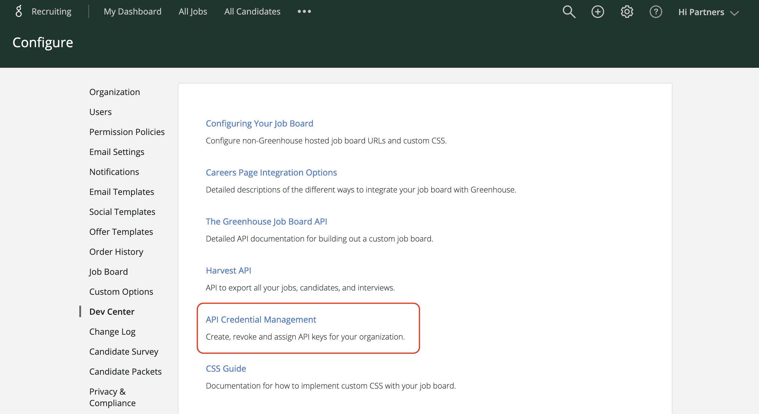 Greenhouse の API 資格情報を表示
