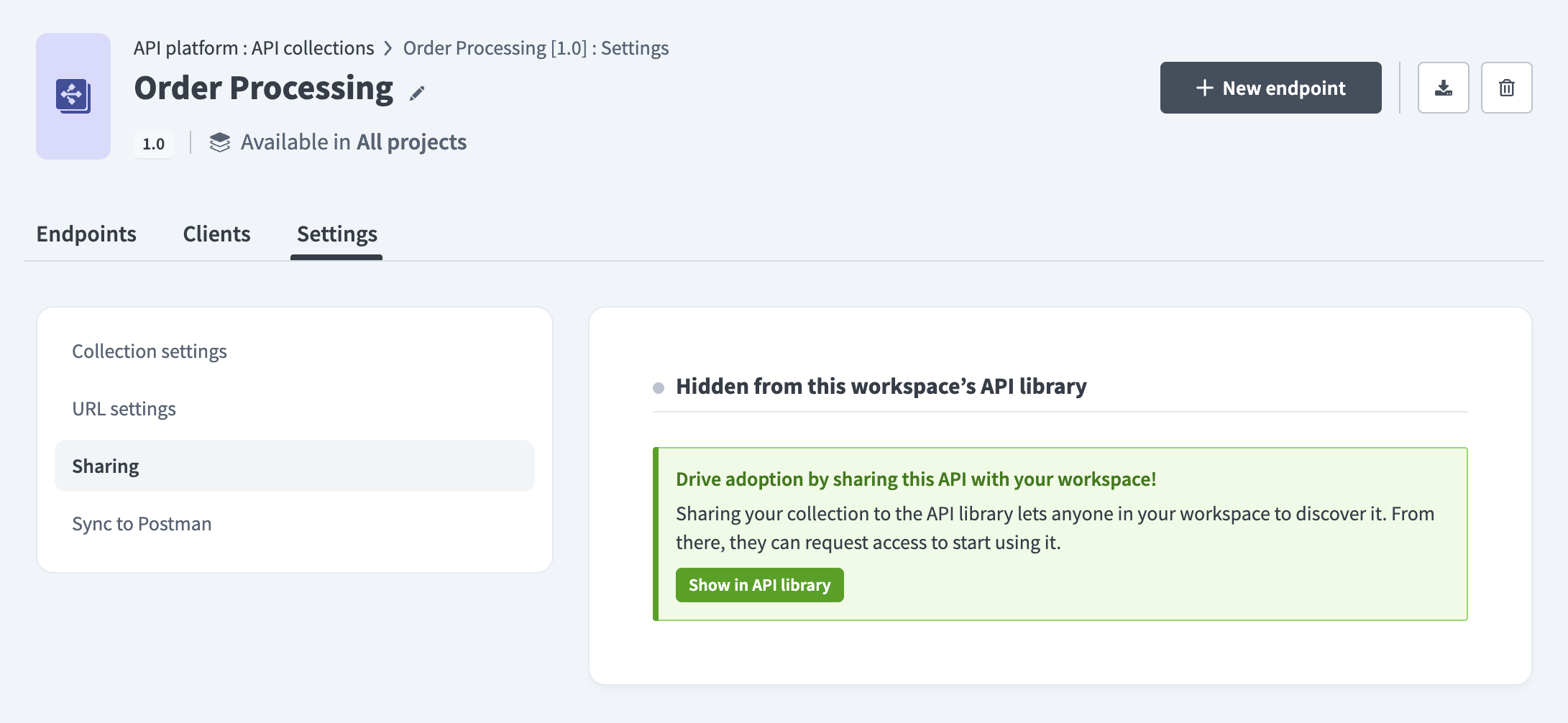 [API collection] > [Settings] > [Sharing] > Show in API library