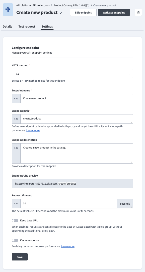 View a proxy-based endpoint's settings tab