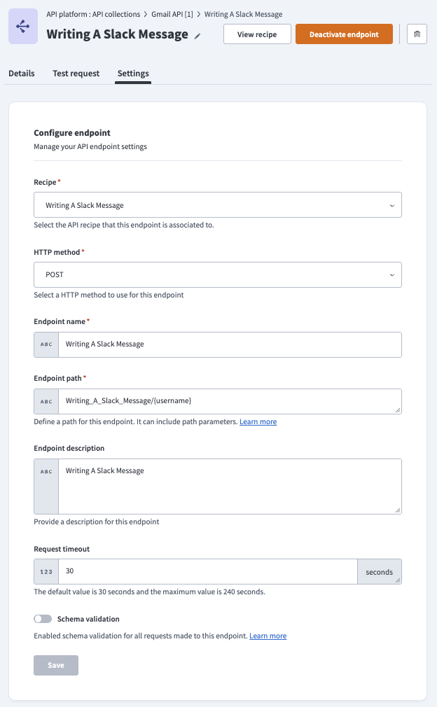 View a recipe-based endpoint's settings tab