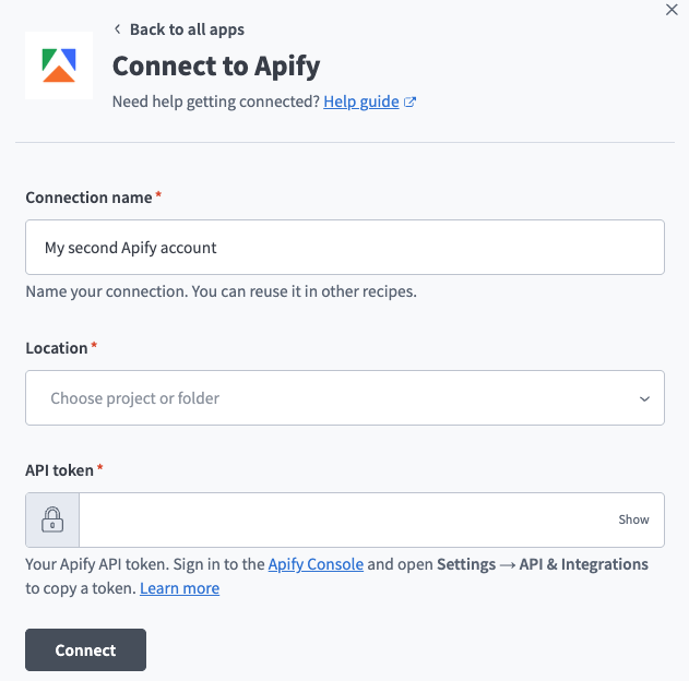 Apify connection setup