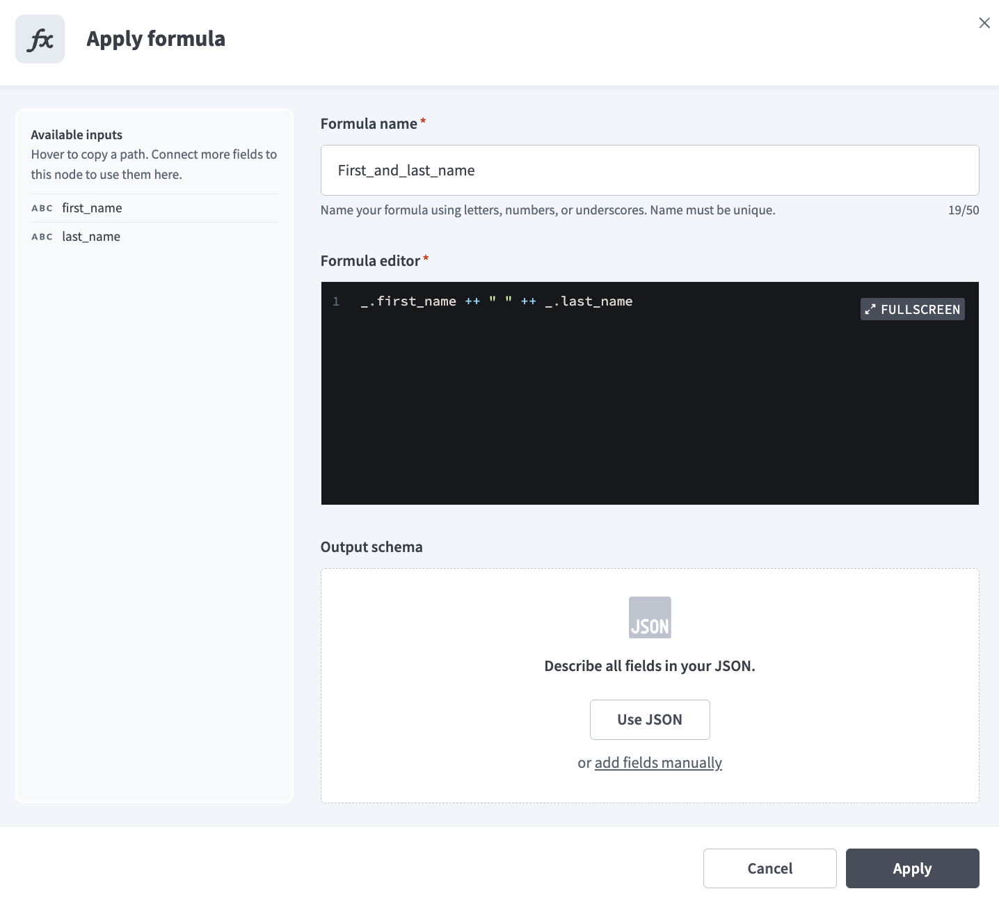 The Apply formula modal
