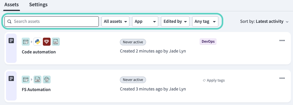 filter assets tab