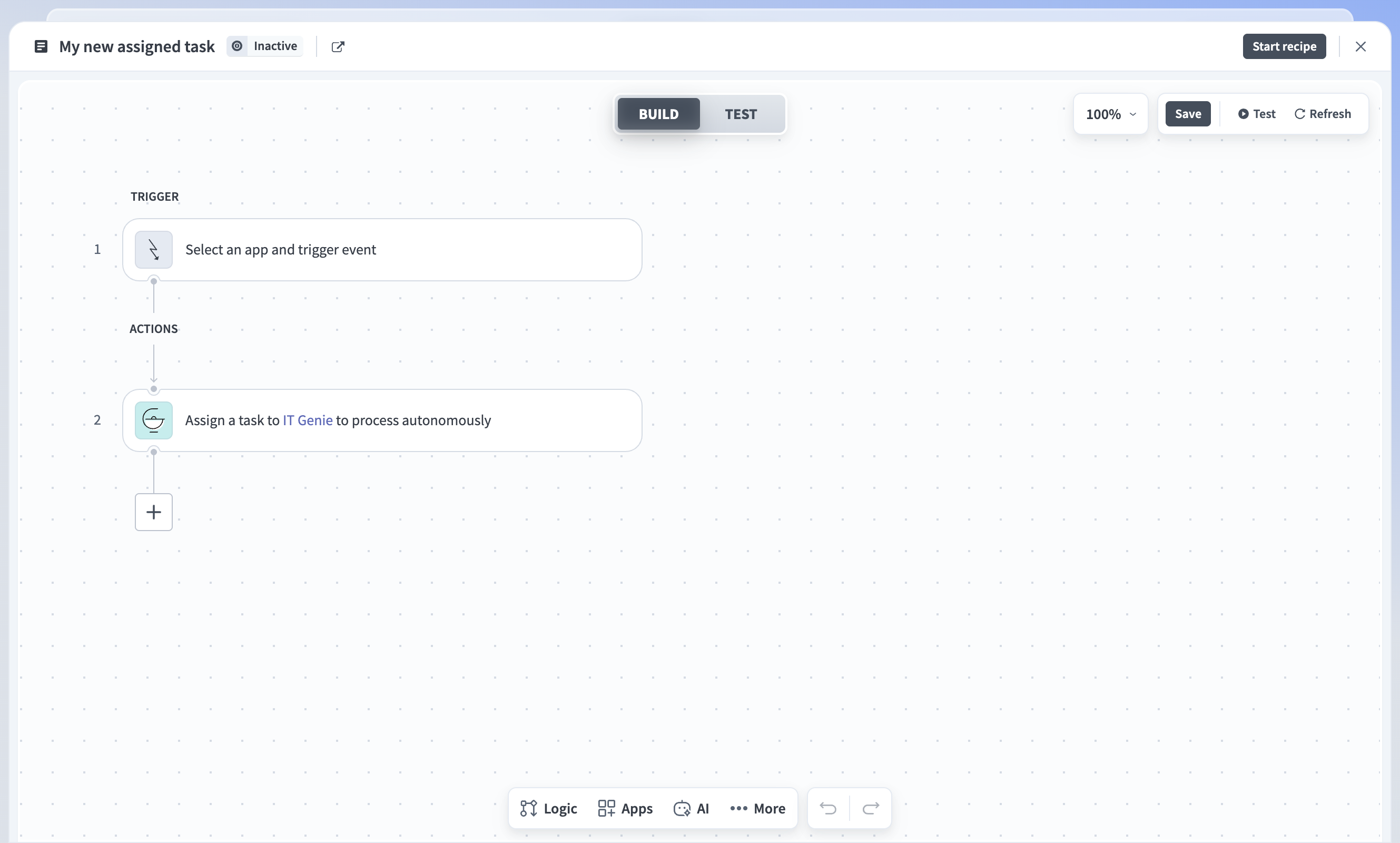 Recipe editor showing the Assign task to genie action already added to the recipe.