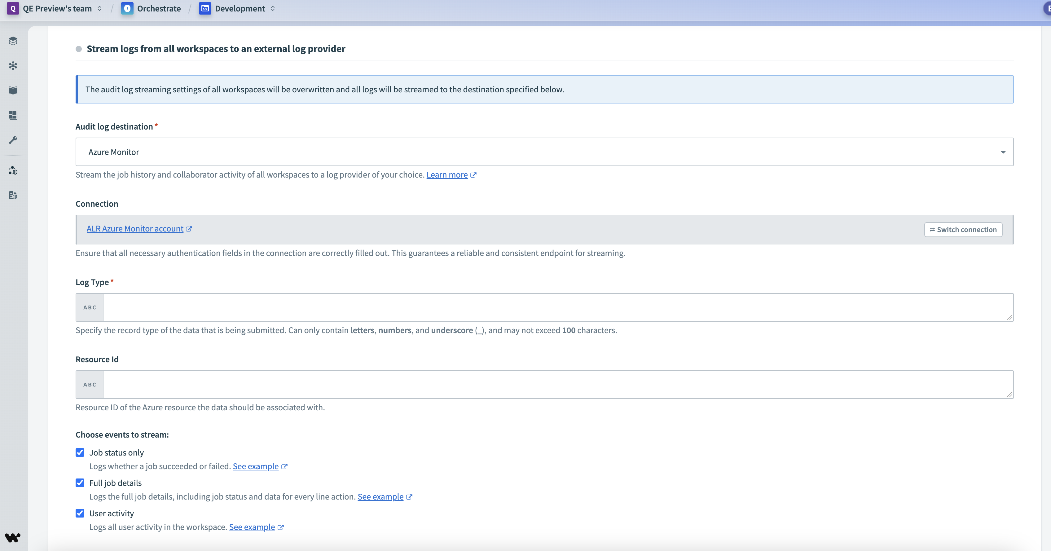 Configure Azure Monitor as your audit log destination