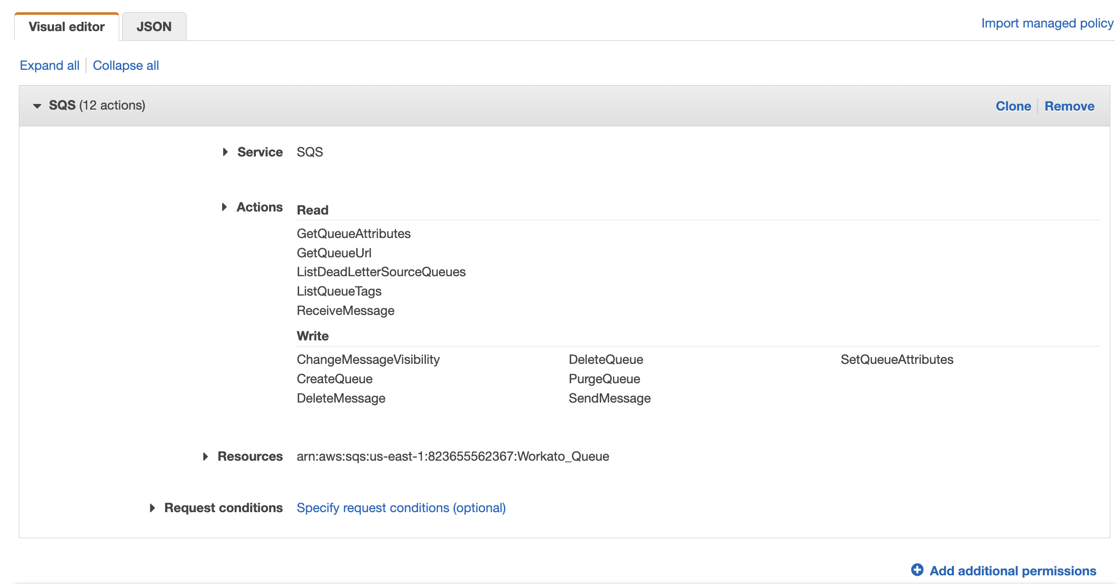 AWS Create Policy画面で構成されたIAMアクセスポリシー
