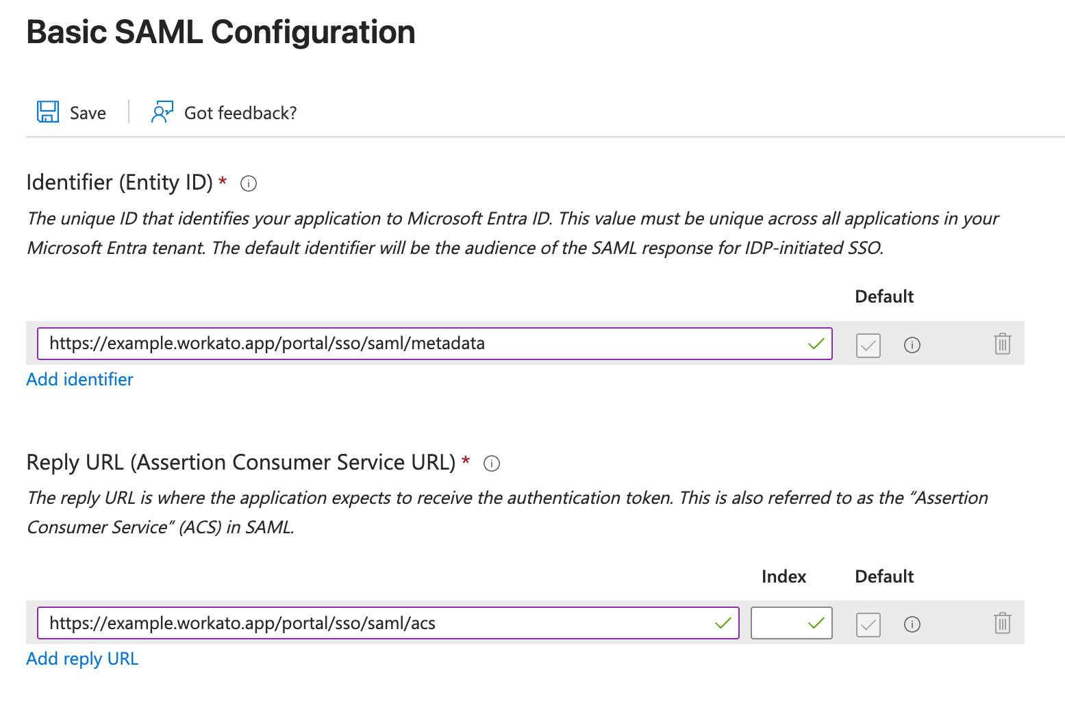 Basic SAML Configuration in Microsoft Entra ID with the Identifier and Reply URL filled from Workato.