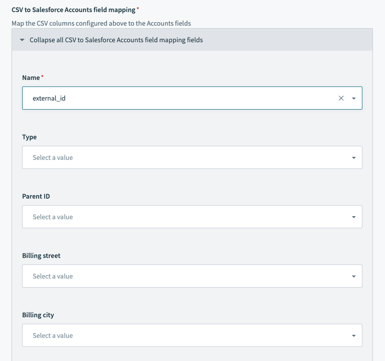 Salesforce のバルクアップサートアクション - 設定済みの項目の対応付けセクション