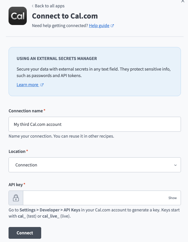 Create a Cal.com connection in Workato.