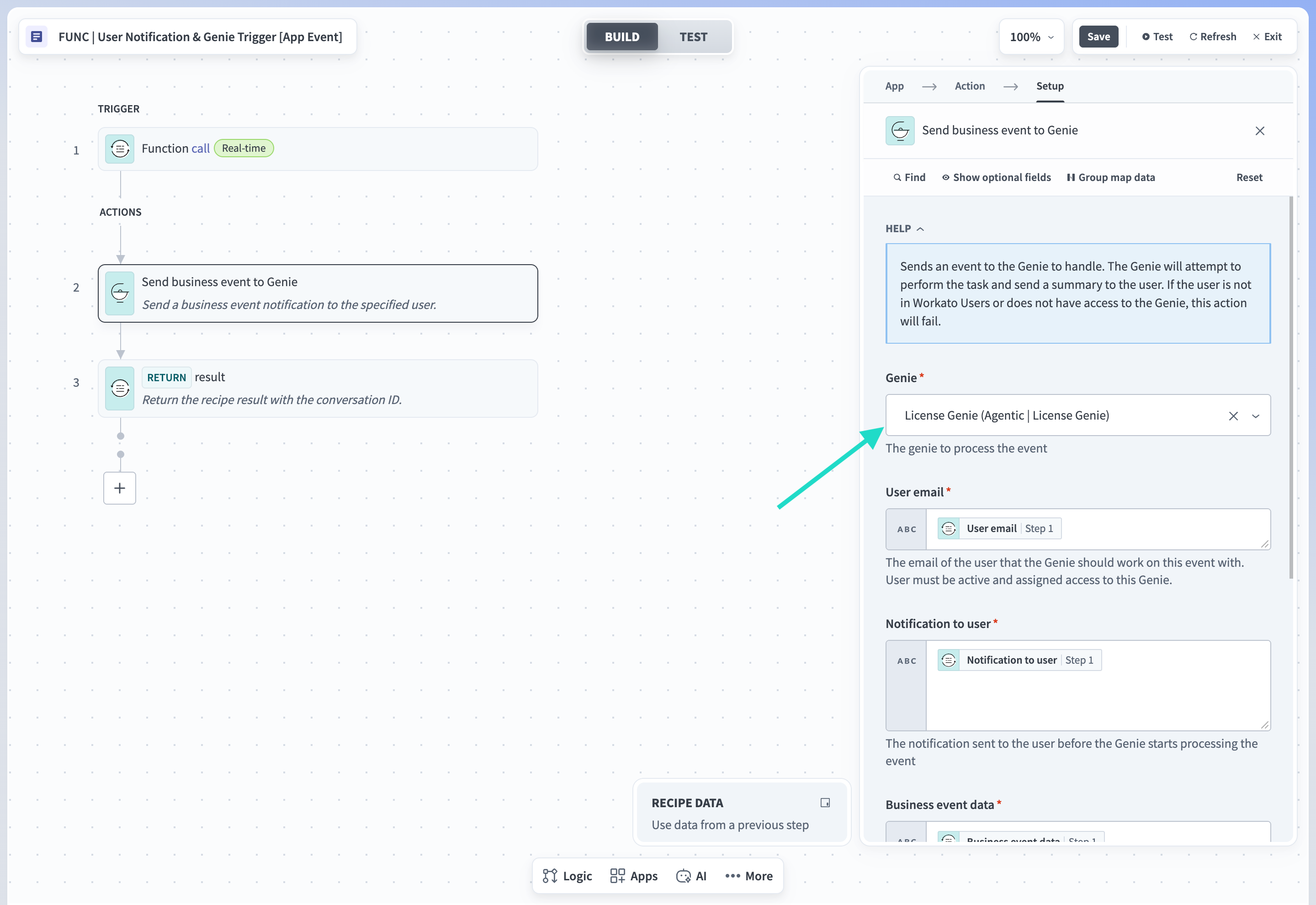 Step 2 setup of the User Notification & Genie Trigger app event with License Genie selected in the Genie drop-down menu