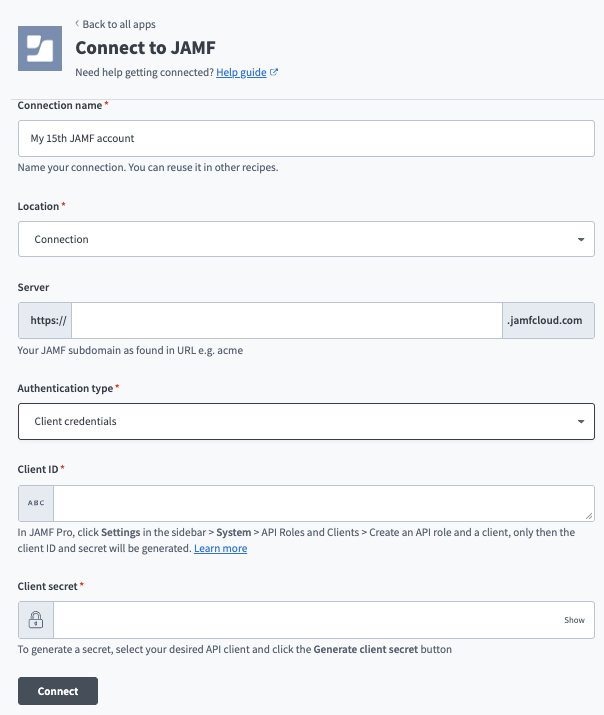 JAMF client credentials authentication setup