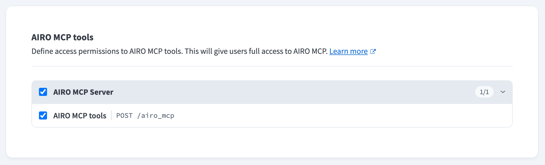 The AIRO MCP Server checkbox selected in the AIRO MCP tools section of a client role
