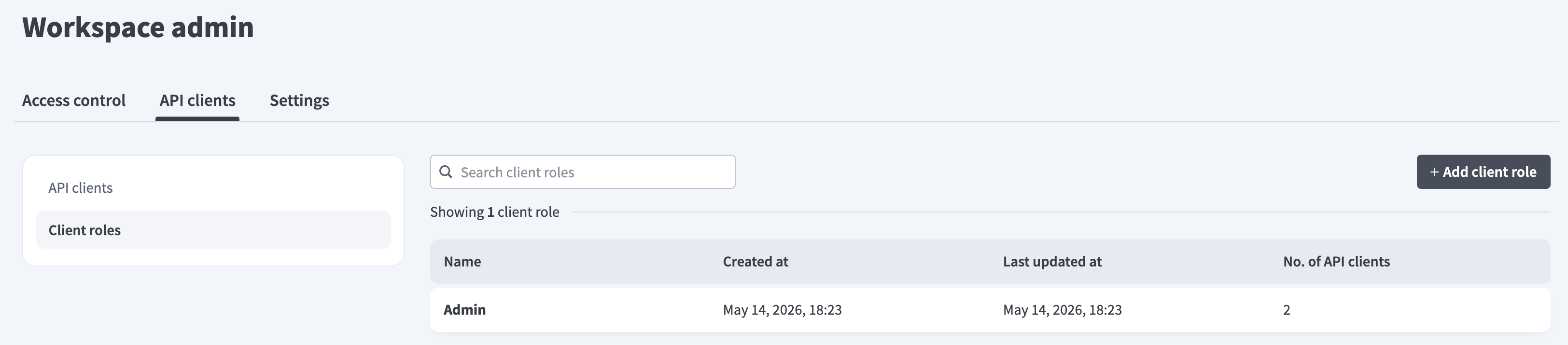 API client role configuration with required permissions