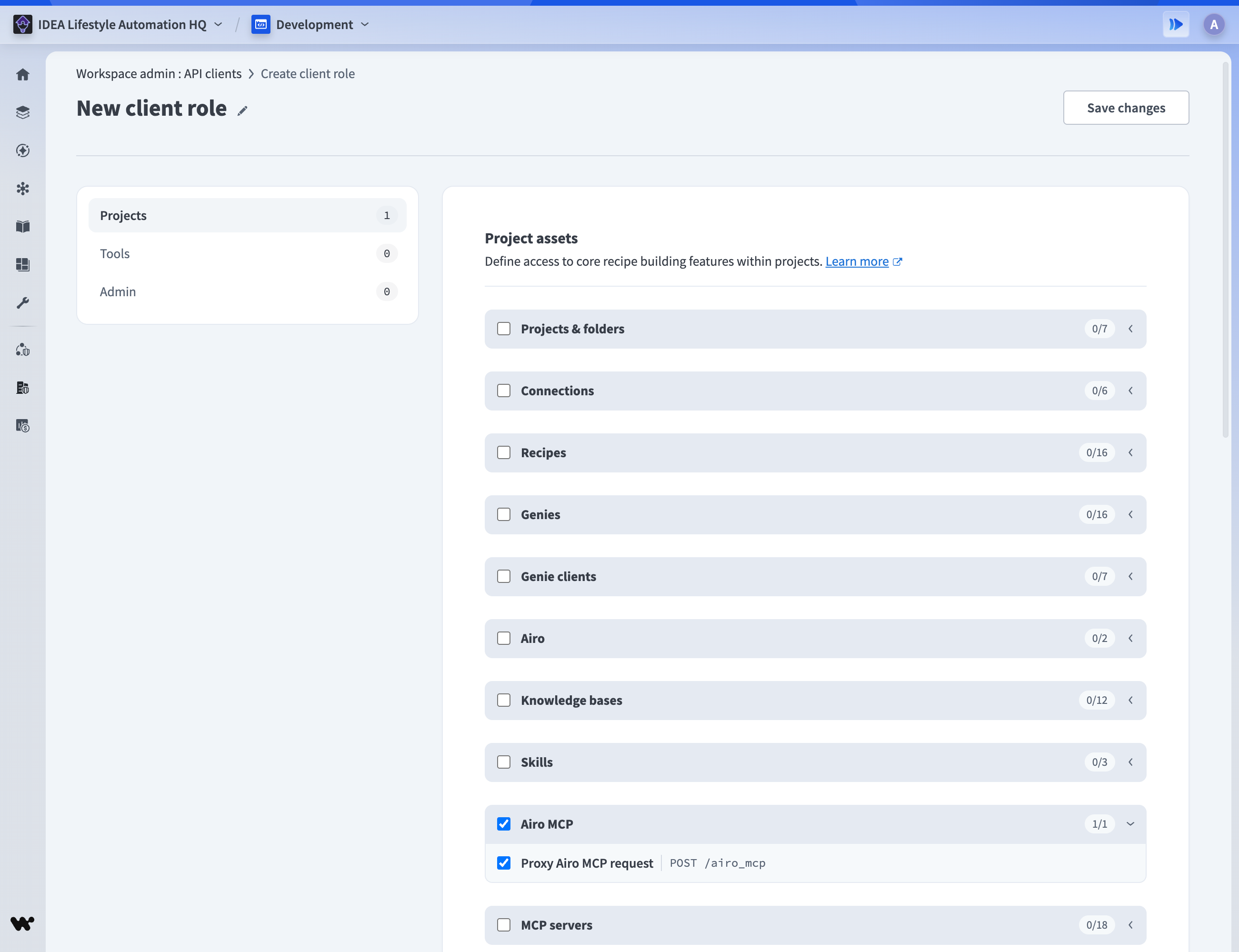 The AIRO MCP feature enabled in the Project assets list of a client role