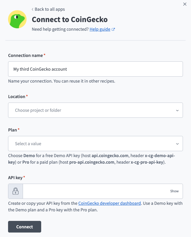 CoinGecko connection setup
