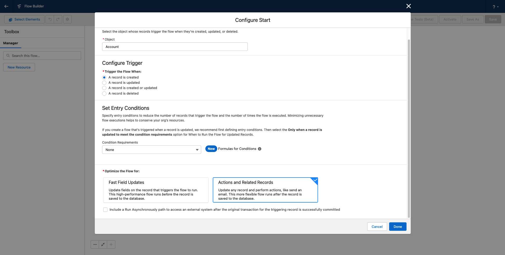 Set up the Salesforce flow to be triggered when record is created