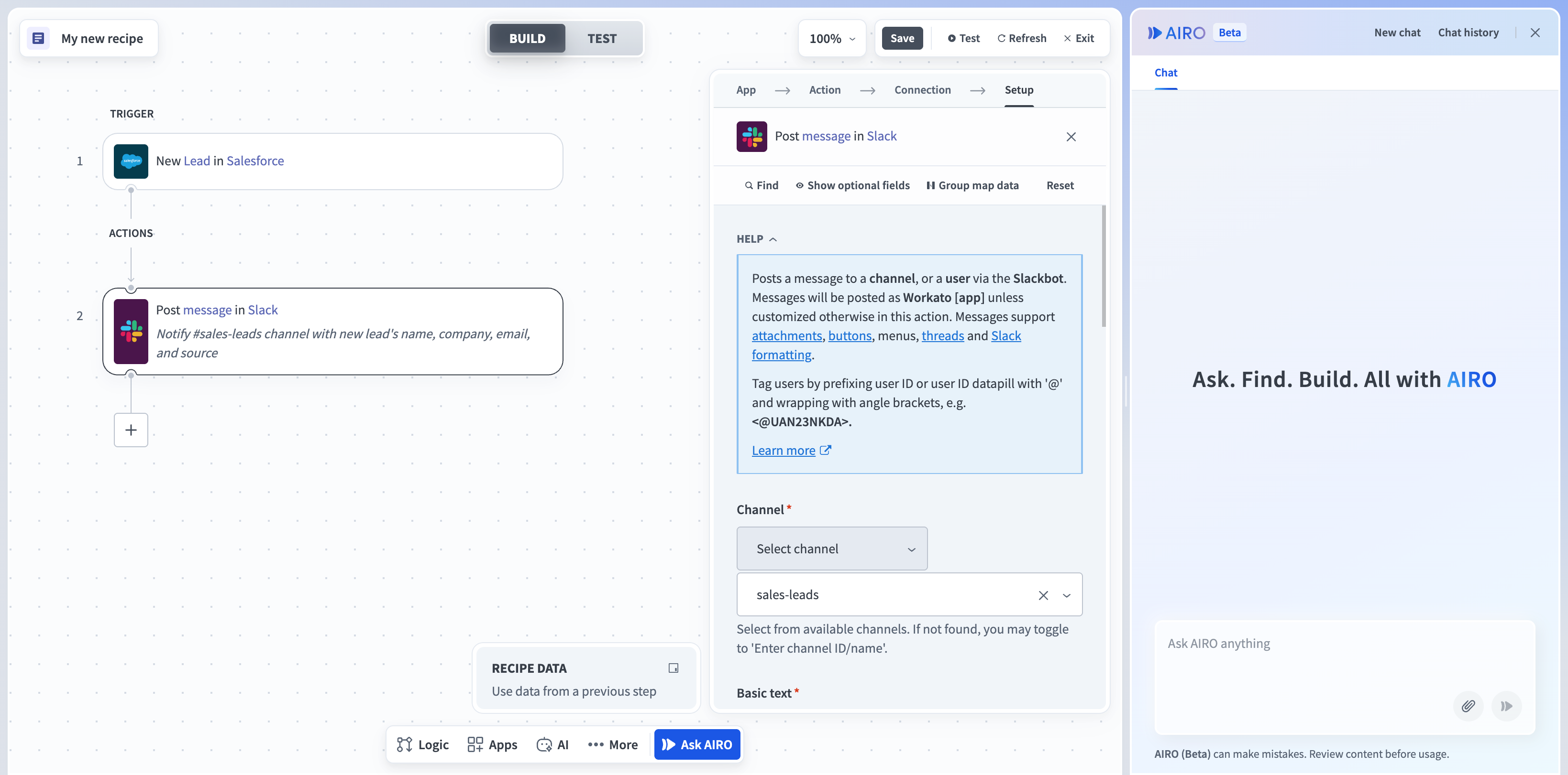 The step configuration panel for a Slack action, showing the setup breadcrumb, Help, and input fields
