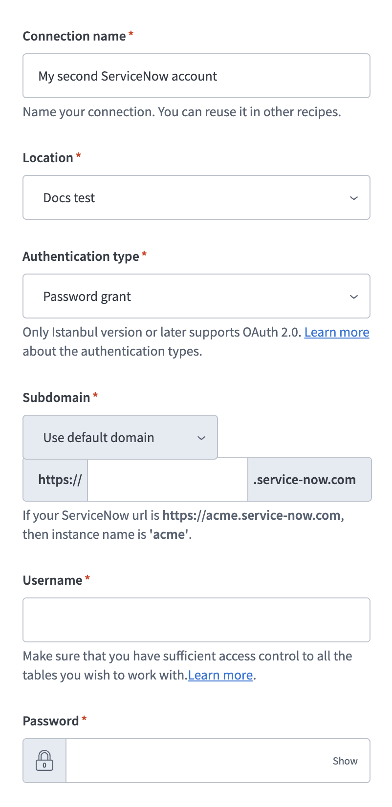 Configure your ServiceNow connection