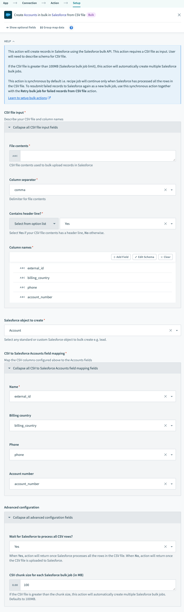 設定済みの Salesforce のバルクアップサートアクション