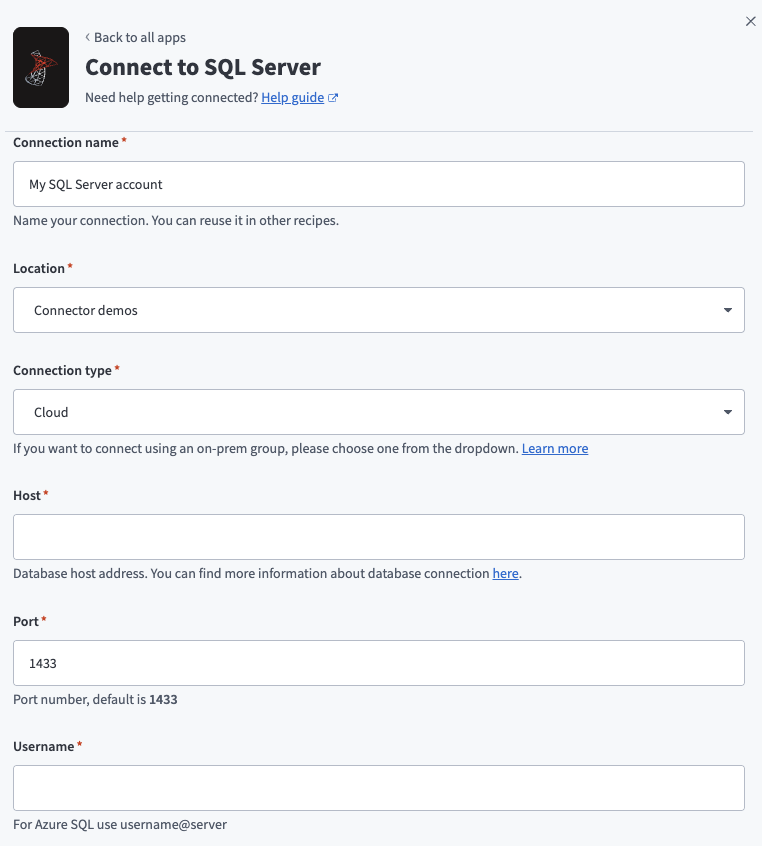 SQL Server connection setup