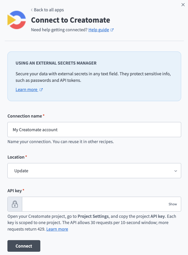 Creatomate connection setup