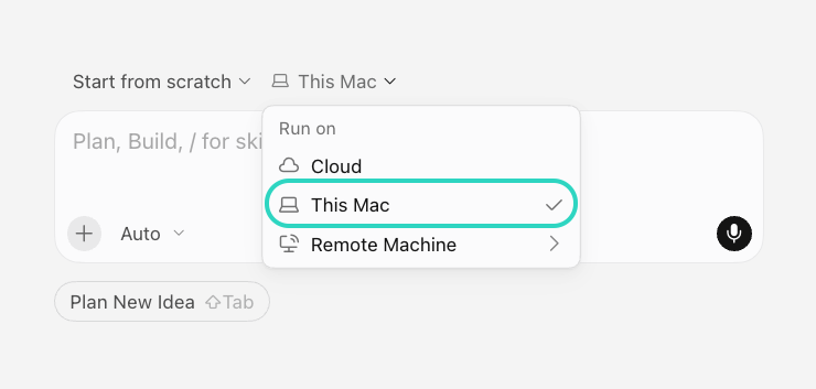 The Cursor menu that sets where the agent runs, with This Mac selected