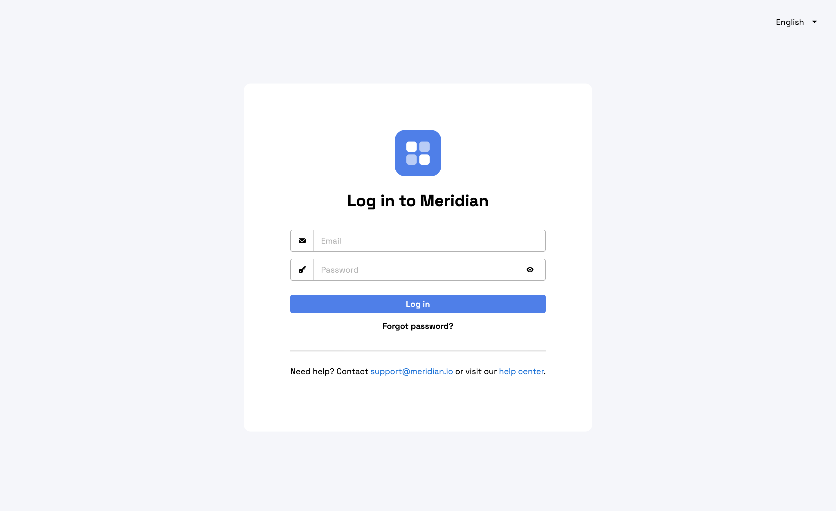 Login page customized with a fictional company brand, showing a gray background, blue brand color, custom logo, and help text in the login form footer.