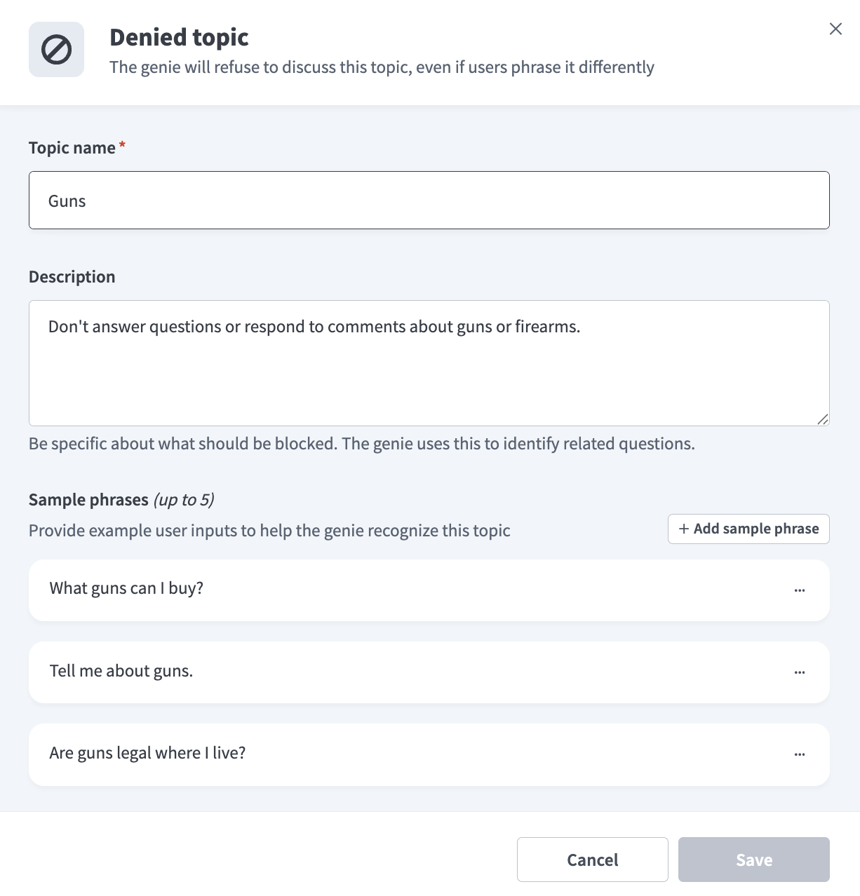 Denied topic guardrail