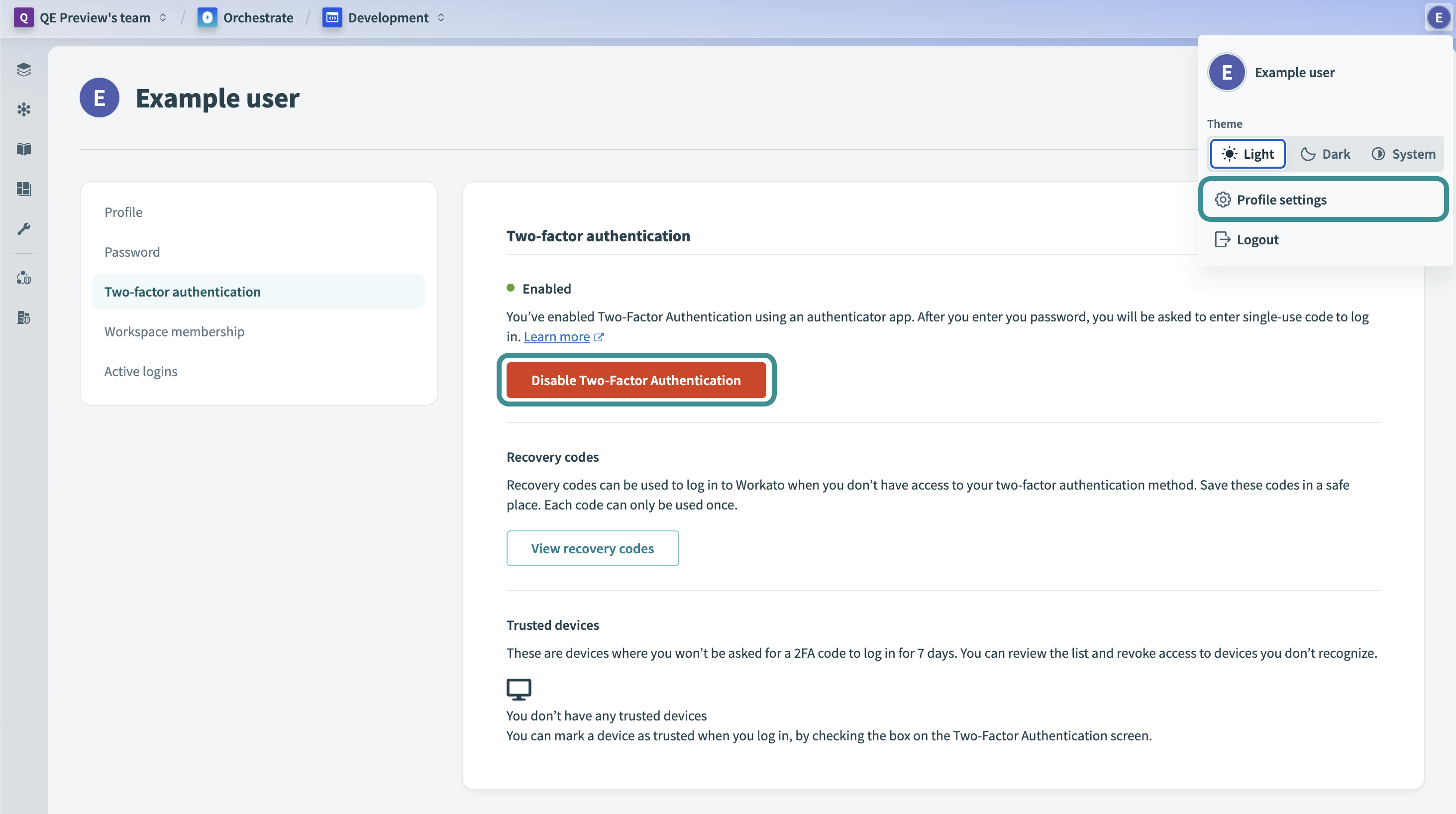 Profile drop-down