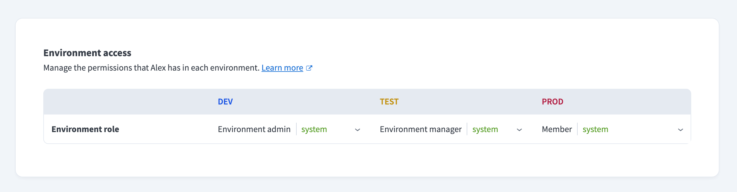 DEV、TEST、PROD Environment全体で、同じコラボレーターに異なるEnvironmentロールを割り当てる。